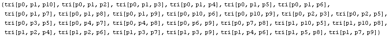 {tri[p0, p1, p10], tri[p0, p1, p2], tri[p0, p1, p3], tri[p0, p1, p4], tri[p0, p1, p5], tri[p0, p1, p6], tri[p0, p1, p7], tri[p0, p1, p8], tri[p0, p1, p9], tri[p0, p10, p6], tri[p0, p10, p9], tri[p0, p2, p3], tri[p0, p2, p5], tri[p0, p3, p5], tri[p0, p4, p7], tri[p0, p4, p8], tri[p0, p6, p9], tri[p0, p7, p8], tri[p1, p10, p5], tri[p1, p10, p8], tri[p1, p2, p4], tri[p1, p2, p6], tri[p1, p3, p7], tri[p1, p3, p9], tri[p1, p4, p6], tri[p1, p5, p8], tri[p1, p7, p9]}
